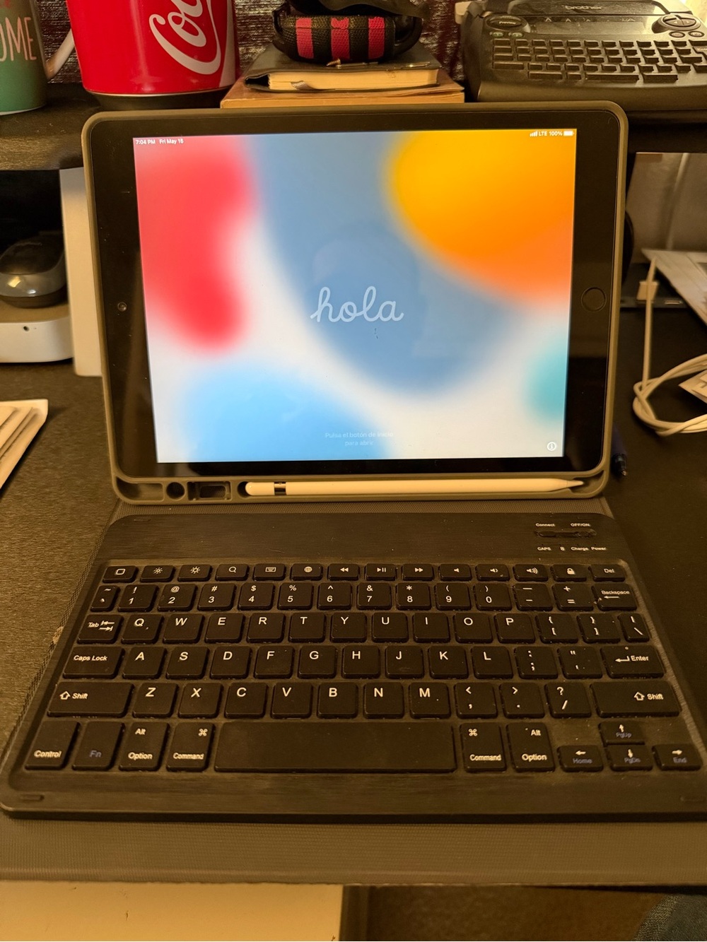 Apple iPad with Black Keyboard Case and White Pencil Holder
